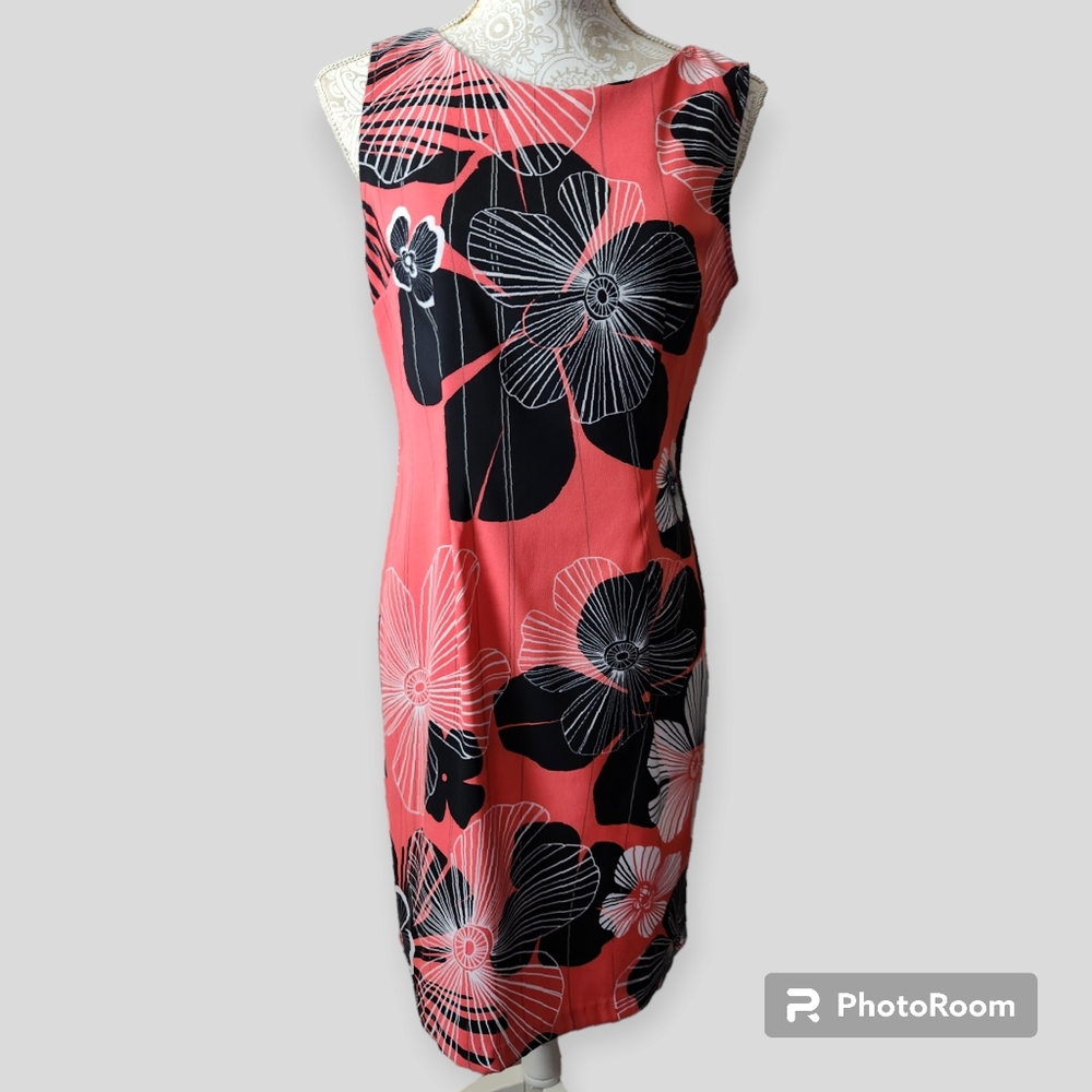 Connected Apparel Floral Midi Coral & Black Sleeveless Sheath Dress Size 8